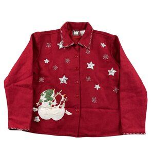 Take Two Christmas Jacket Womens Large Snowman Wool Blend Red w/ Stars